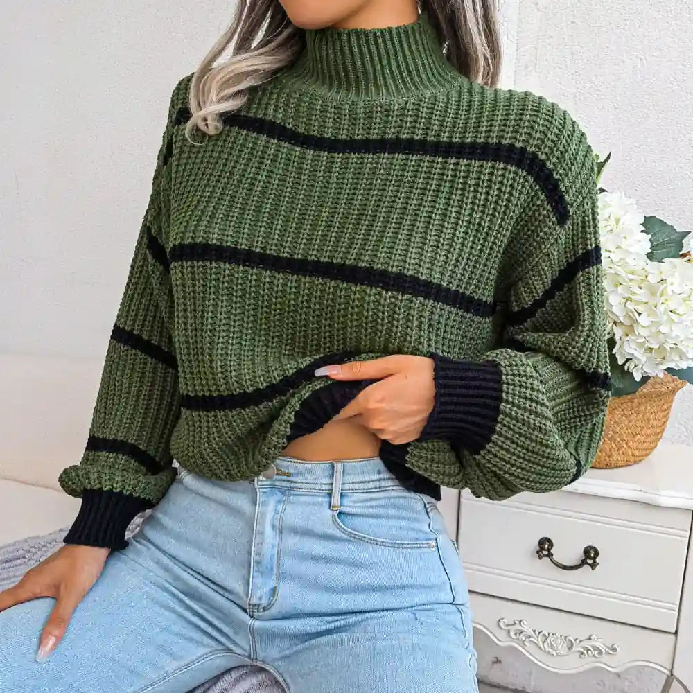 Green Boho High Neck Sweater with Stripes