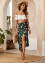 Green boho maxi skirt with floral print and side slit