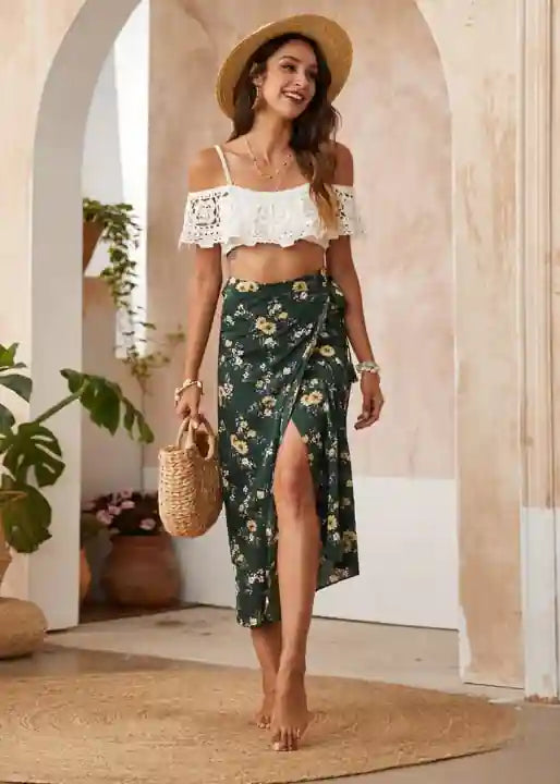 Green boho maxi skirt with floral print and side slit