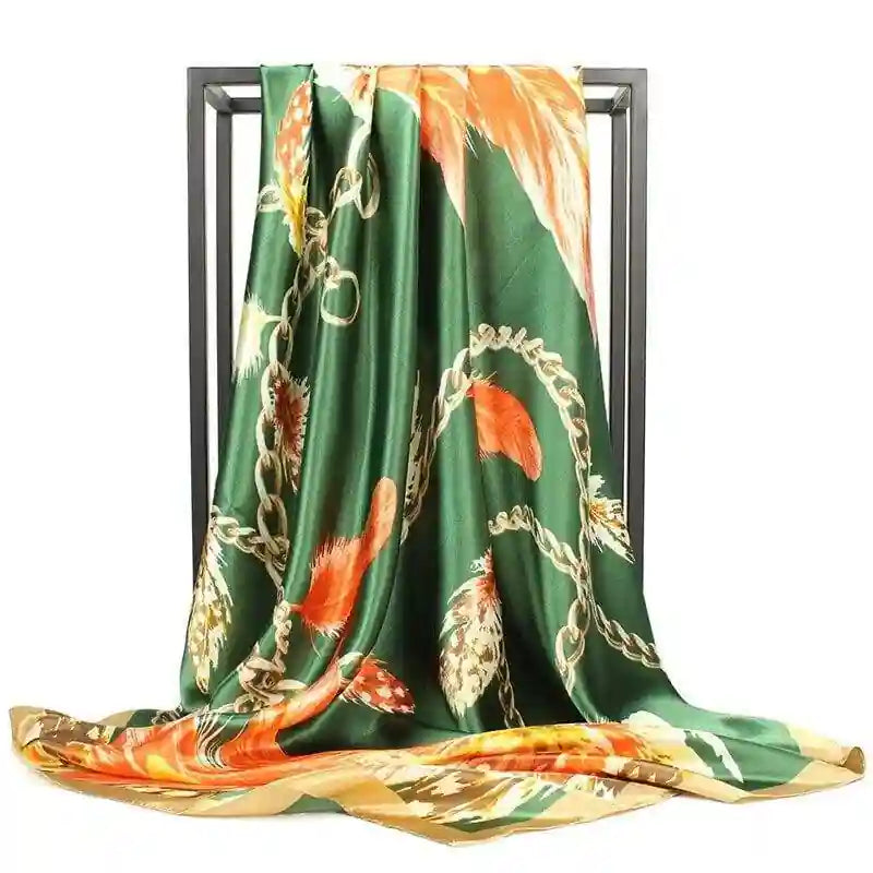 Green retro Boho Scarf with orange and gold pattern