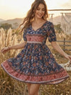 Gypsy mini dress in Dark Blue with Floral Print