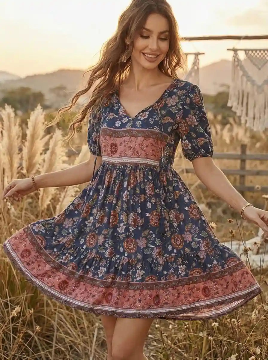 Gypsy mini dress in Dark Blue with Floral Print