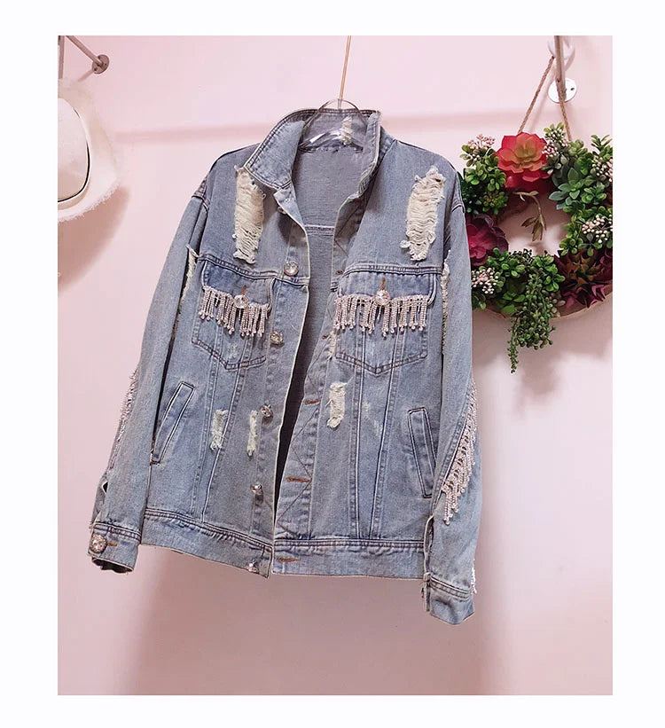 Boho Denim Torn Jacket with Rhinestones