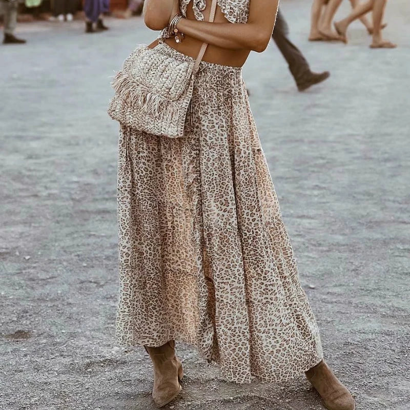 Boho Long brown skirt with floral pattern