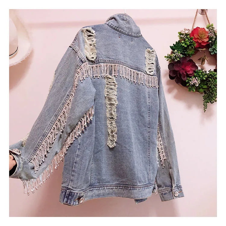 Boho Denim Torn Jacket with Rhinestones