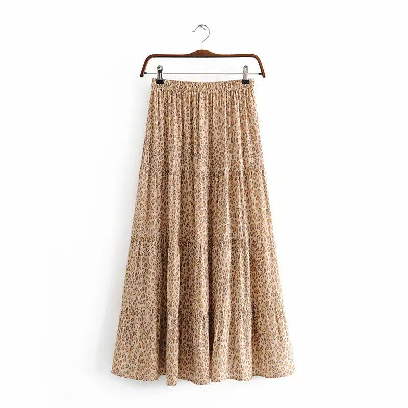 Boho Long brown skirt with floral pattern