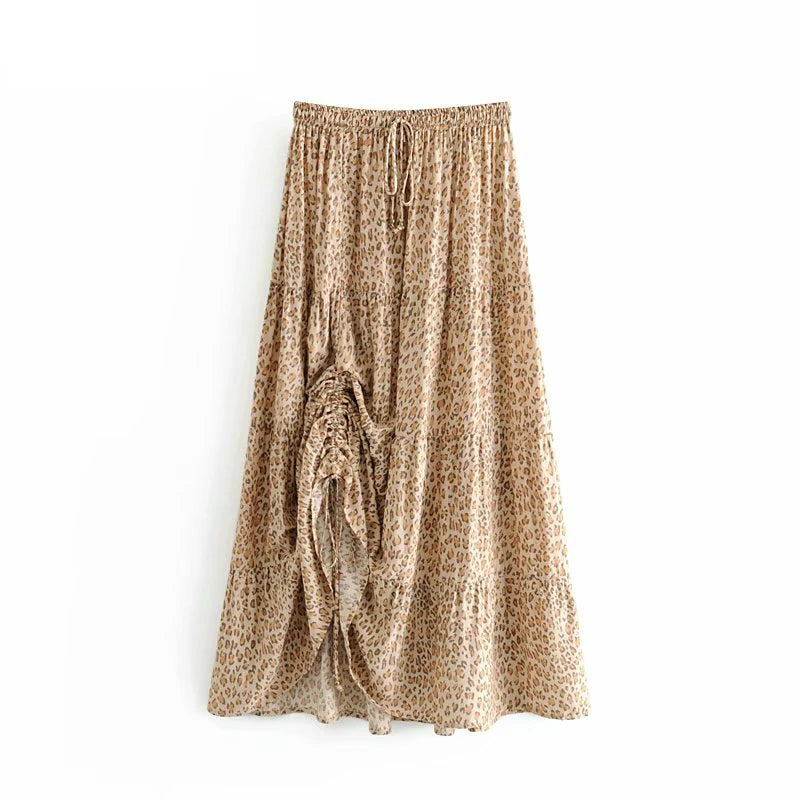 Boho Long brown skirt with floral pattern