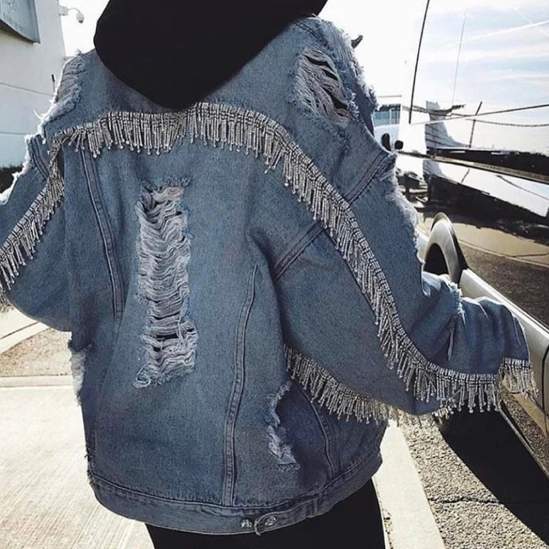 Boho Denim Torn Jacket with Rhinestones