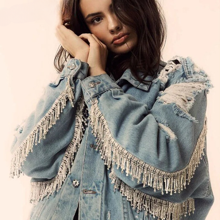 Boho Denim Torn Jacket with Rhinestones