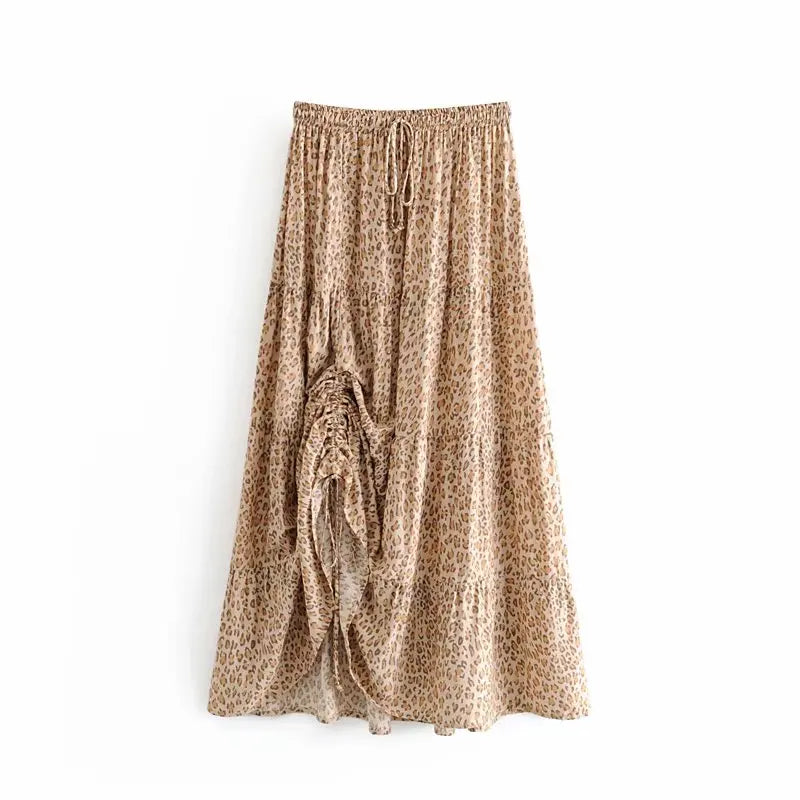 Boho Long brown skirt with floral pattern