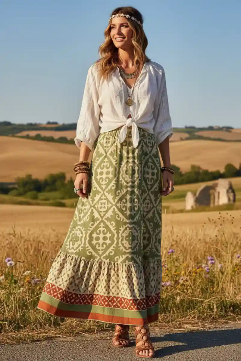 High Waist Boho Print Long Skirt
