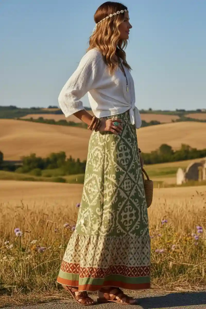 High Waist Boho Print Long Skirt