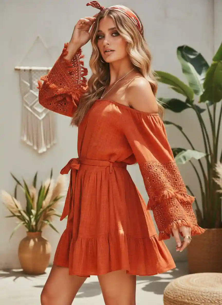 Hippie Bohemian Mini Dress in Red