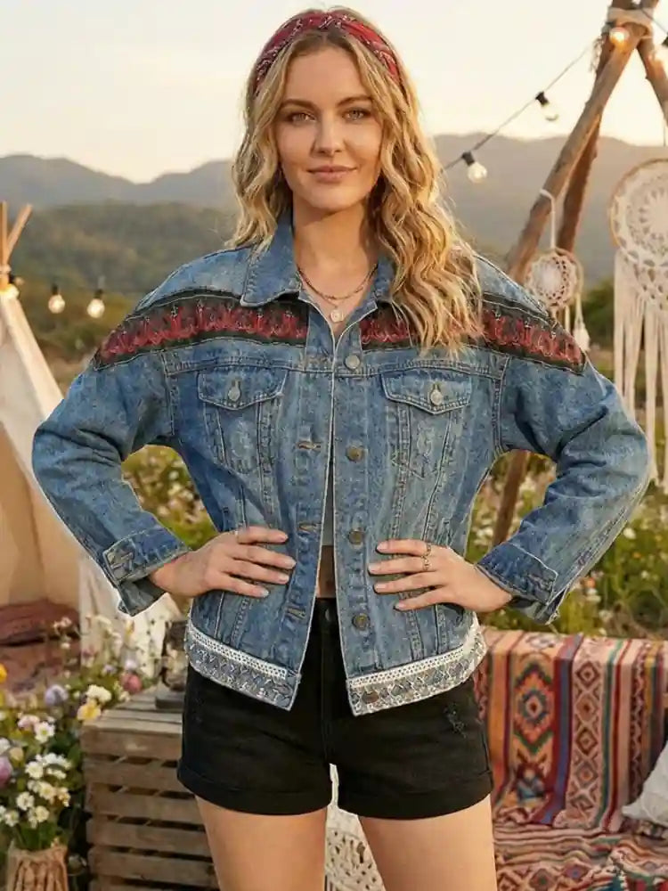 Hippie Denim Jacket with Ethnic Print