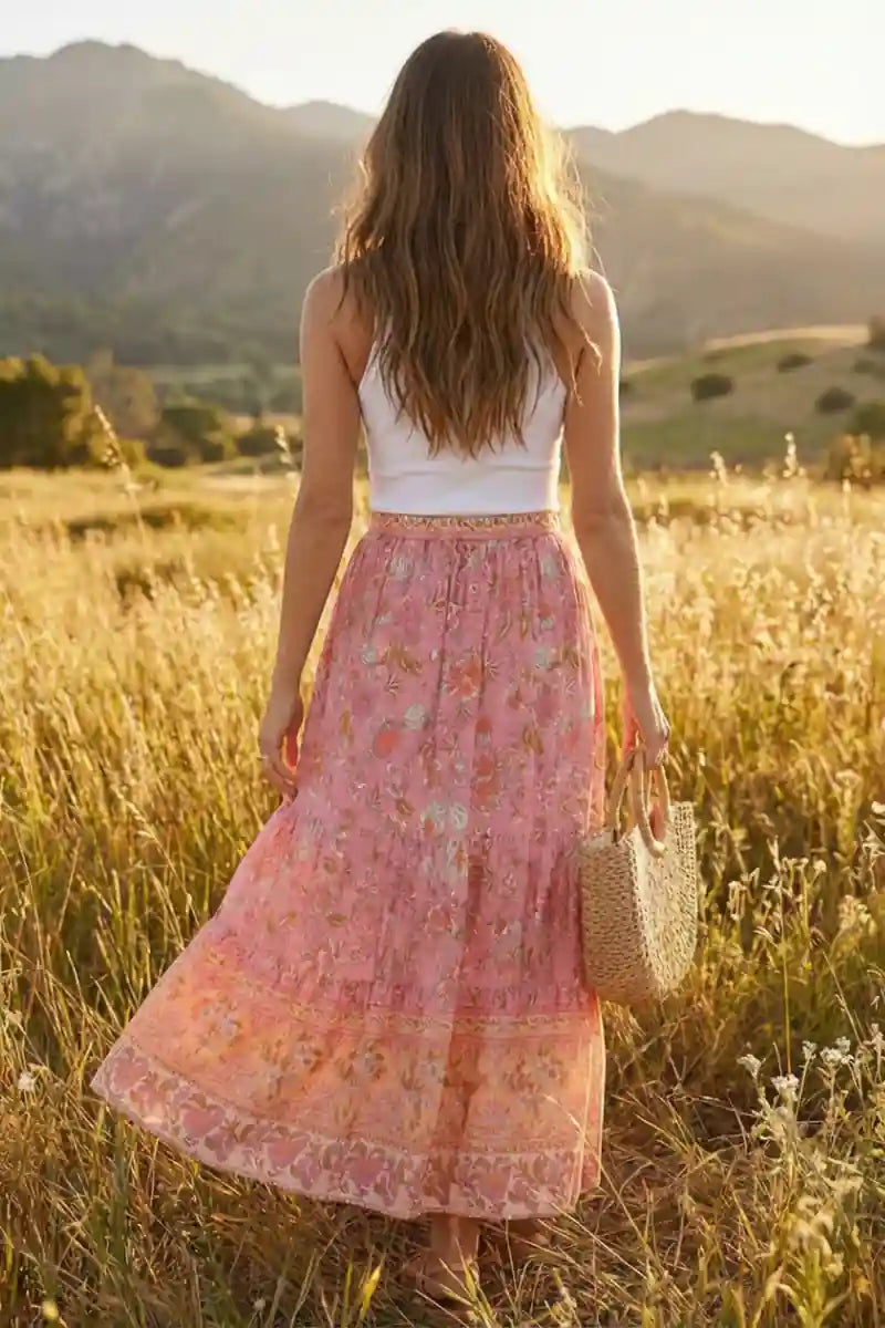 Hippie Pink Floral Print Boho Skirt