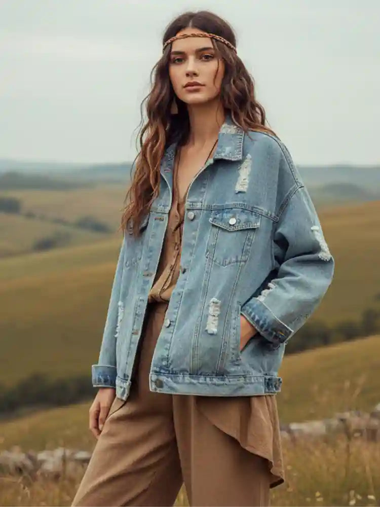 Hippie Torn Denim Flowered Jacket