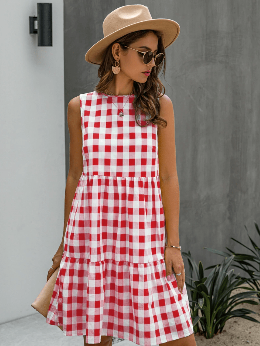 Hippie dress with red plaid pattern