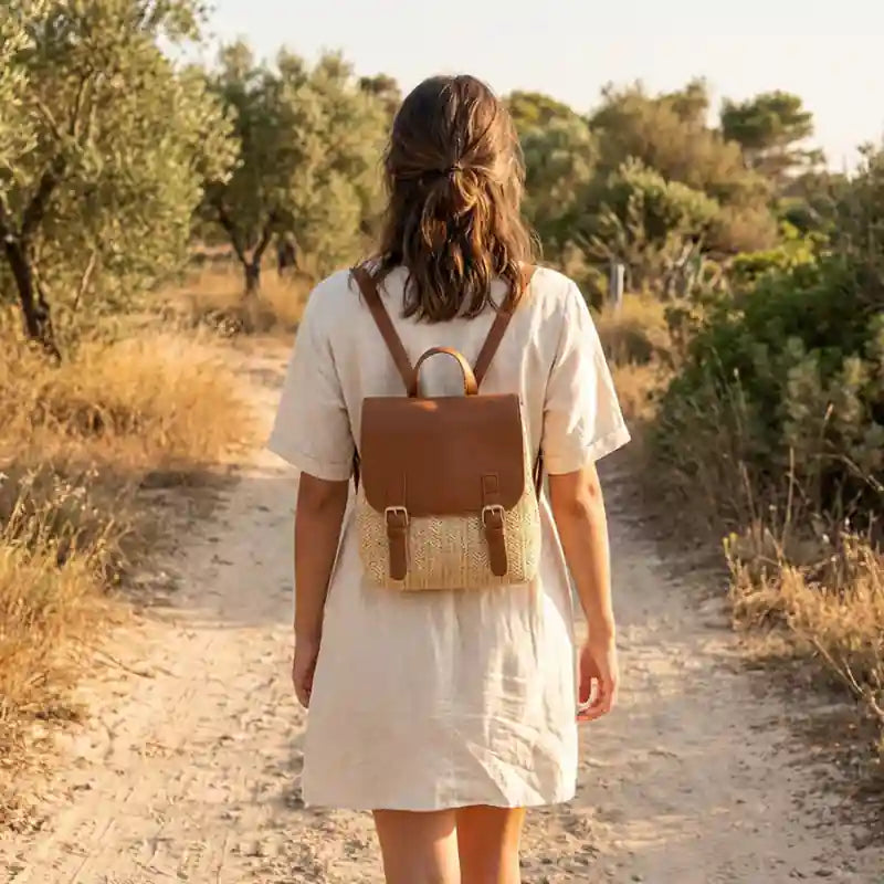 Leather and Straw Boho Backpack