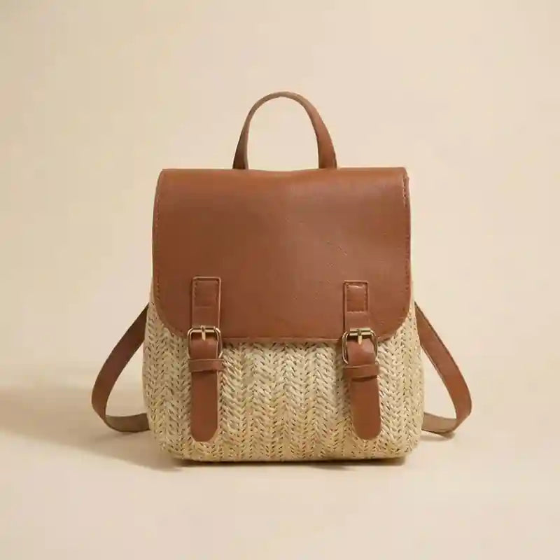 Leather and Straw Boho Backpack