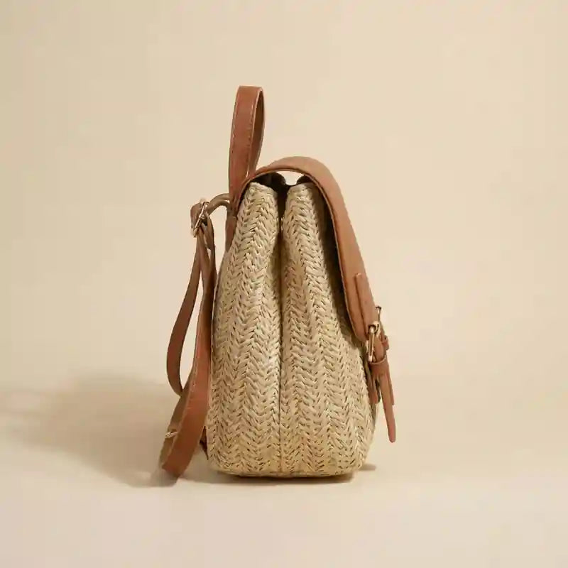 Leather and Straw Boho Backpack