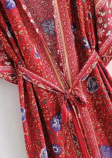 Long Boho Kimono Belted Red Floral