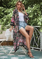 Long Boho Kimono Floral Black and Pink