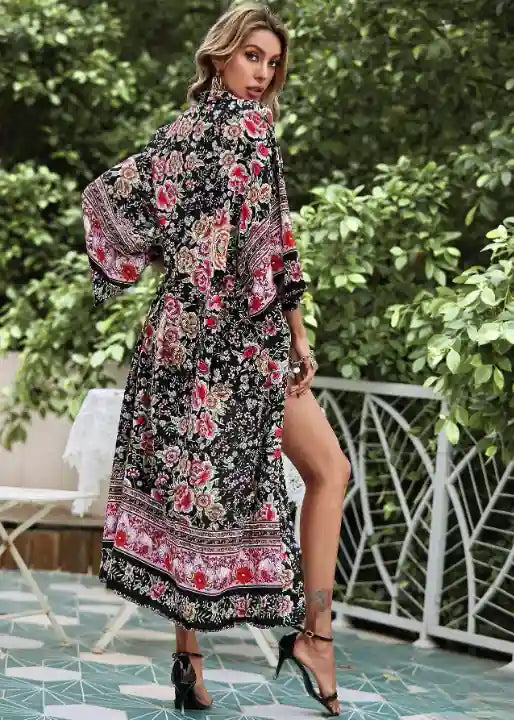 Long Boho Kimono Floral Black and Pink