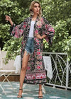 Long Boho Kimono Floral Black and Pink