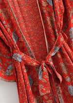 Long Boho Kimono Red Floral with Belt