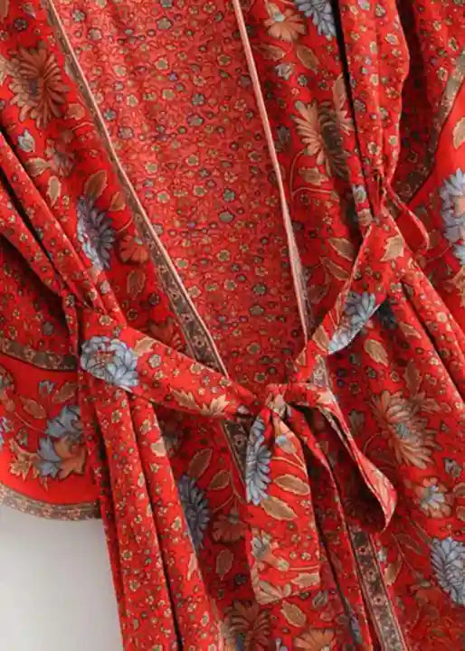 Long Boho Kimono Red Floral with Belt