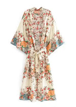 Long Boho Kimono White decorated with flowers