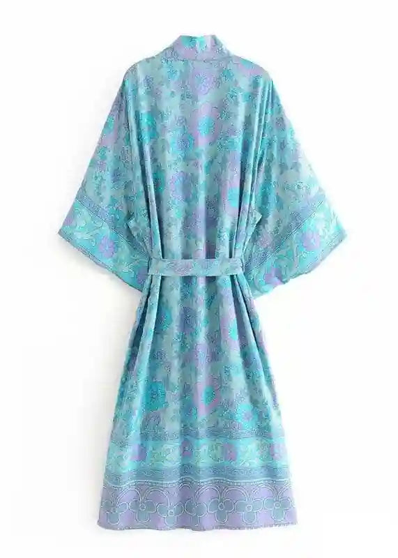 Long Boho Kimono for women Blue Floral