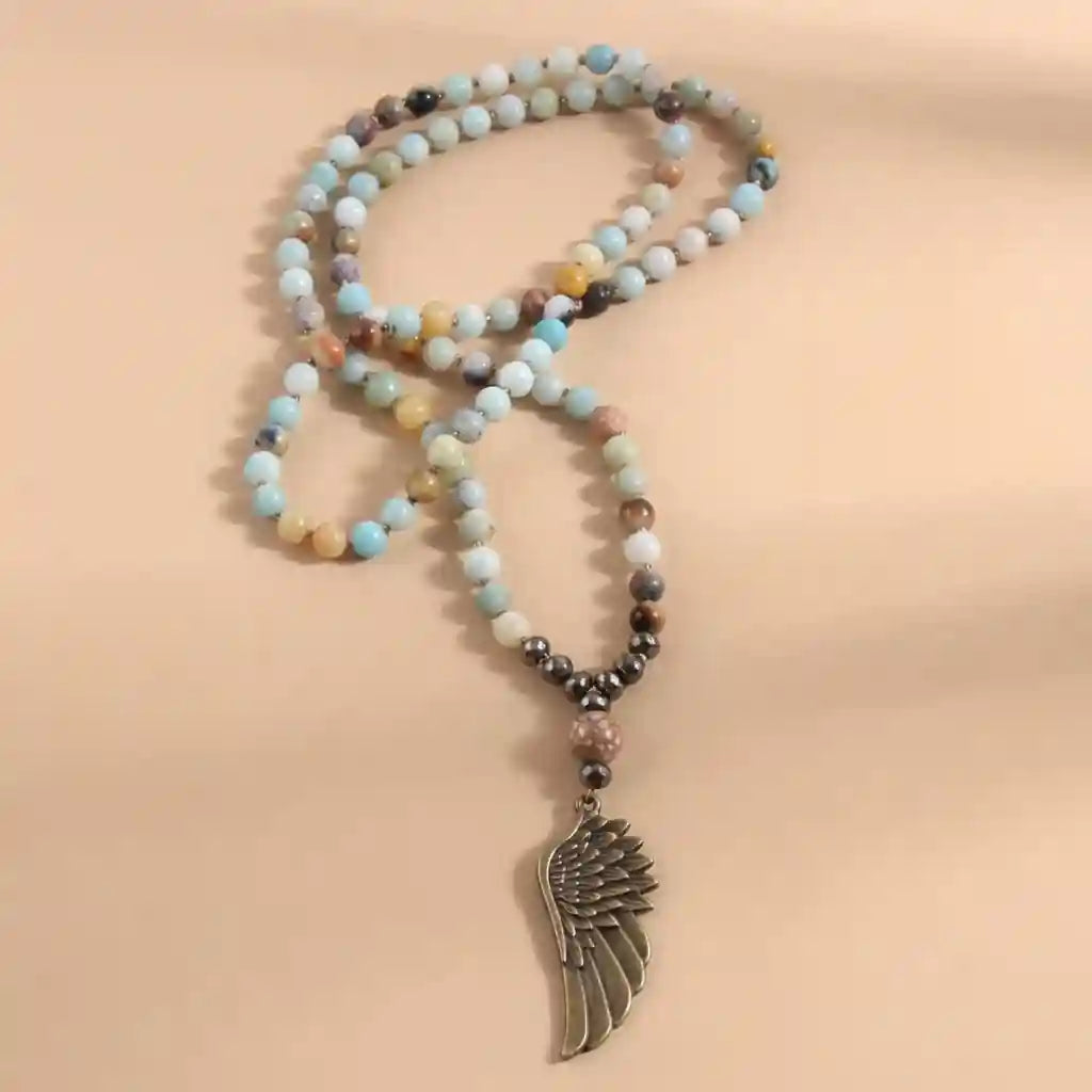 Long Boho Necklace - Angel Wing Pendant