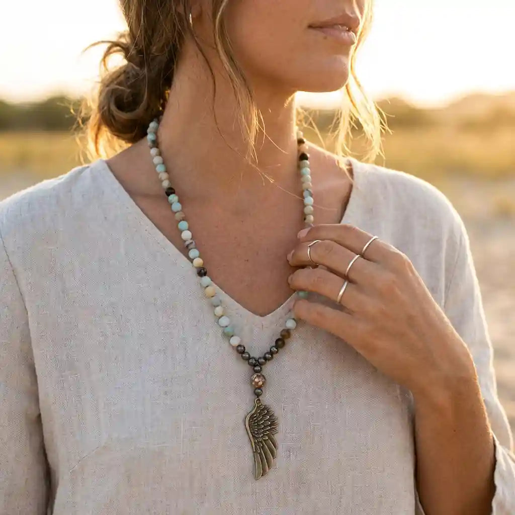 Long Boho Necklace - Angel Wing Pendant