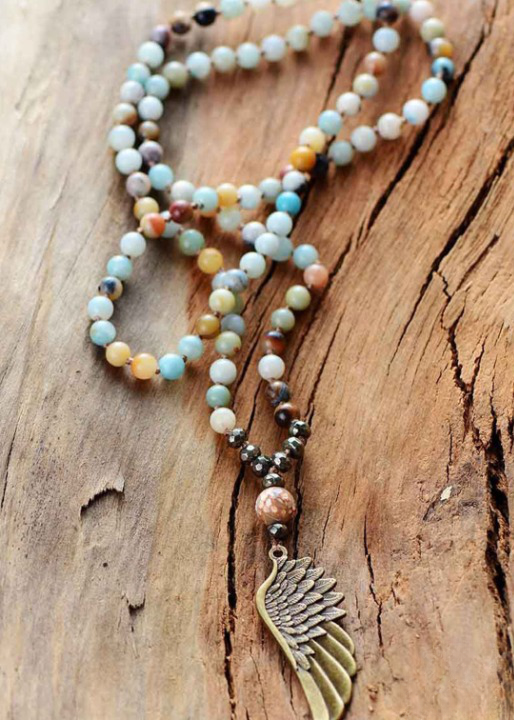 Long Boho Necklace - Angel Wing Pendant