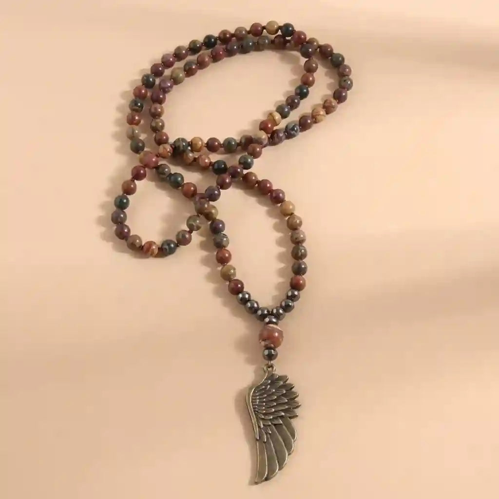 Long Boho Necklace - Angel Wing Pendant