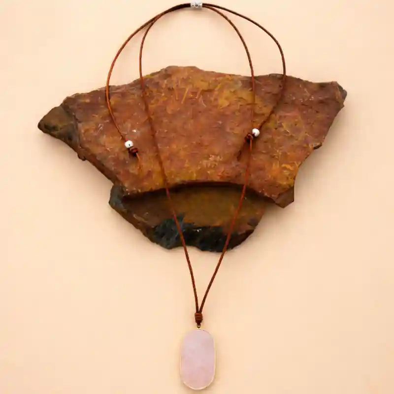 Long Boho Necklace - Pink Quartz Pendant