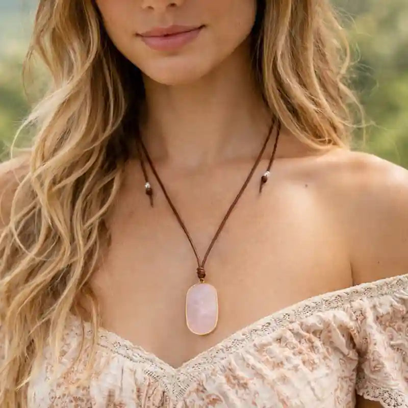 Long Boho Necklace - Pink Quartz Pendant