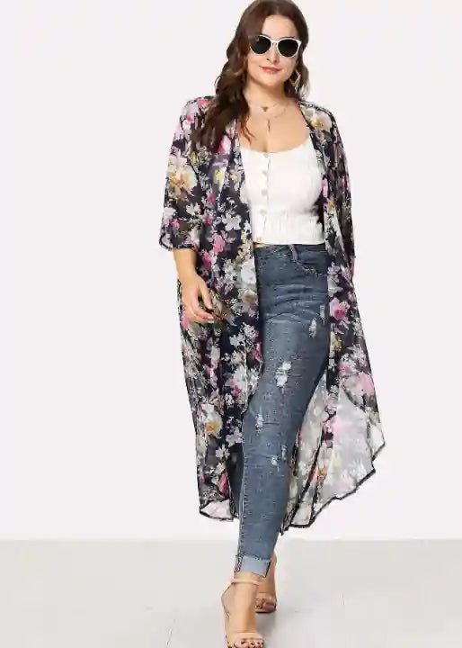 Long Semi Sheer Floral Boho Kimono