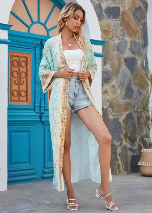 Long Sky Blue Floral kimono
