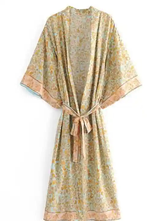 Long Stylish Boho Kimono Blue Yellow floral