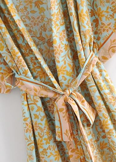 Long Stylish Boho Kimono Blue Yellow floral
