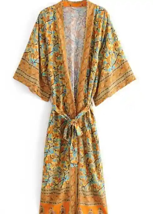 Long Stylish Boho Kimono Yellow Floral