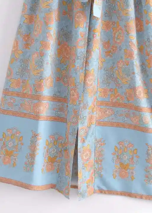 Long Stylish Pale Blue Floral Boho Kimono