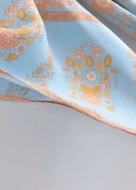 Long Stylish Pale Blue Floral Boho Kimono