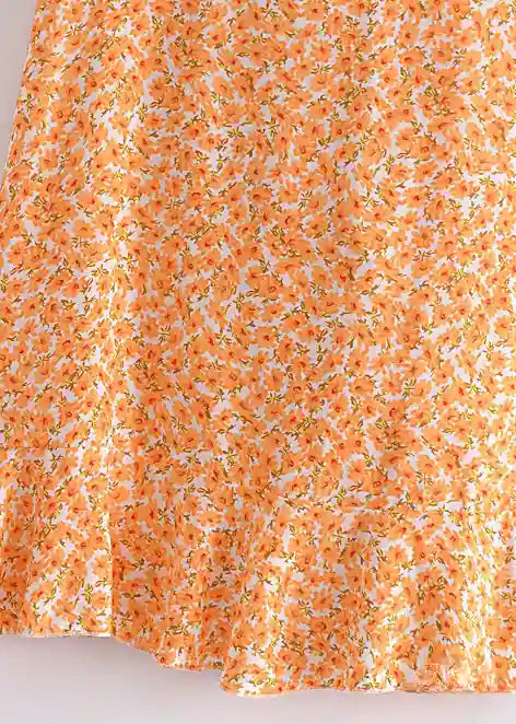 Long wrap Skirt Boho asymmetric Floral pattern Orange