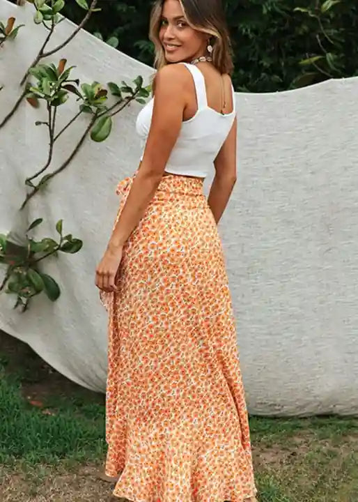 Long wrap Skirt Boho asymmetric Floral pattern Orange