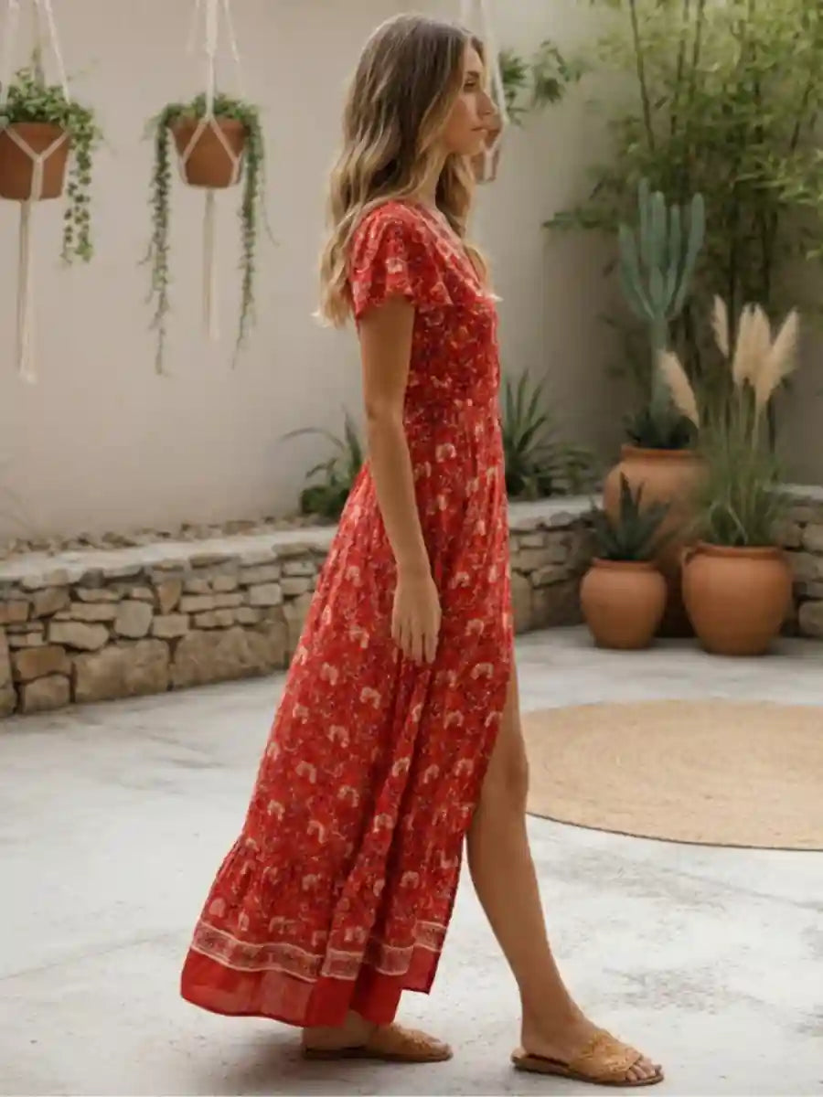 Maxi Boho Red Slit Dress