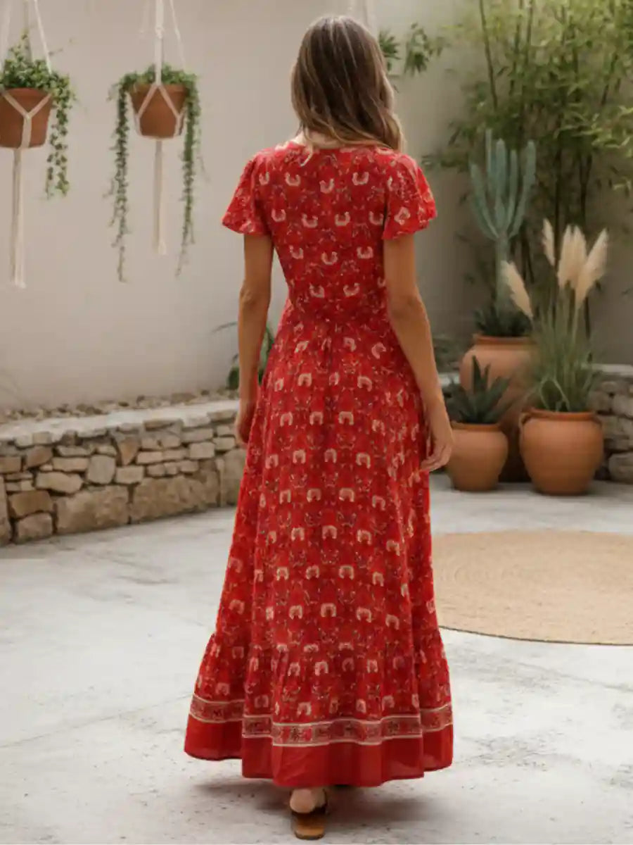 fitted lace wedding dress Red Boho Embroidered Midi Dress – Saffron Threads main image 1