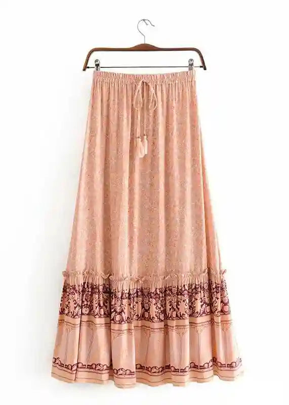 Maxi Boho Skirt Pink melon floral pattern